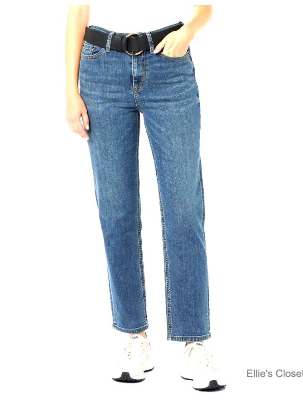 High-Rise Straight Jeans with Stretch Denim, Five-Pocket Styling